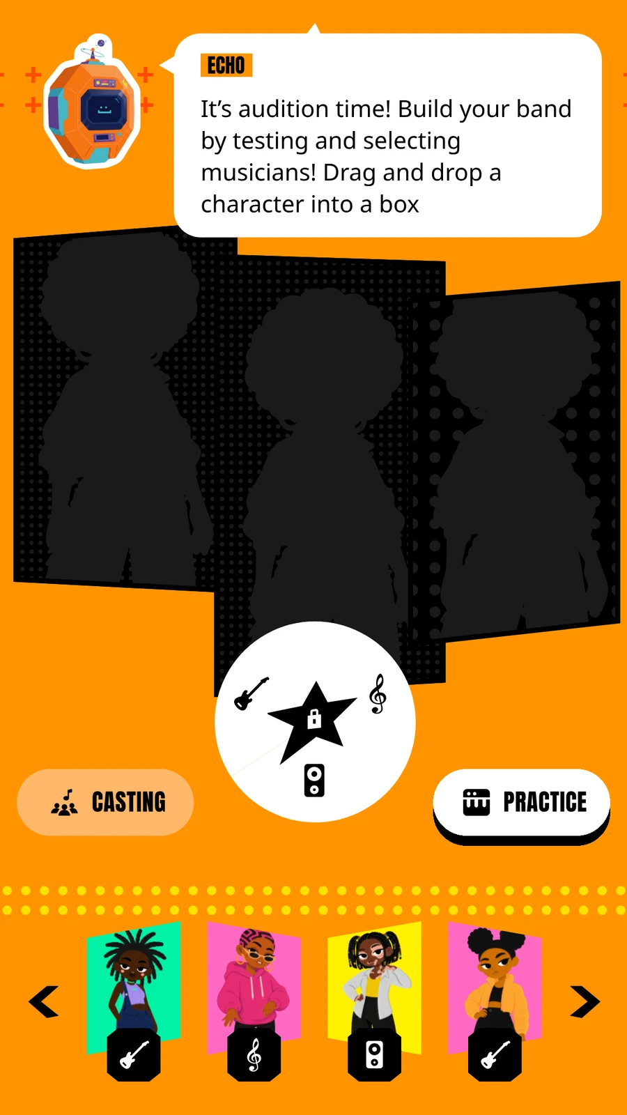 The casting screen: Echo says it is audition time, three empty band slots wait above Supernova, and the musicians line up in a tray along the bottom