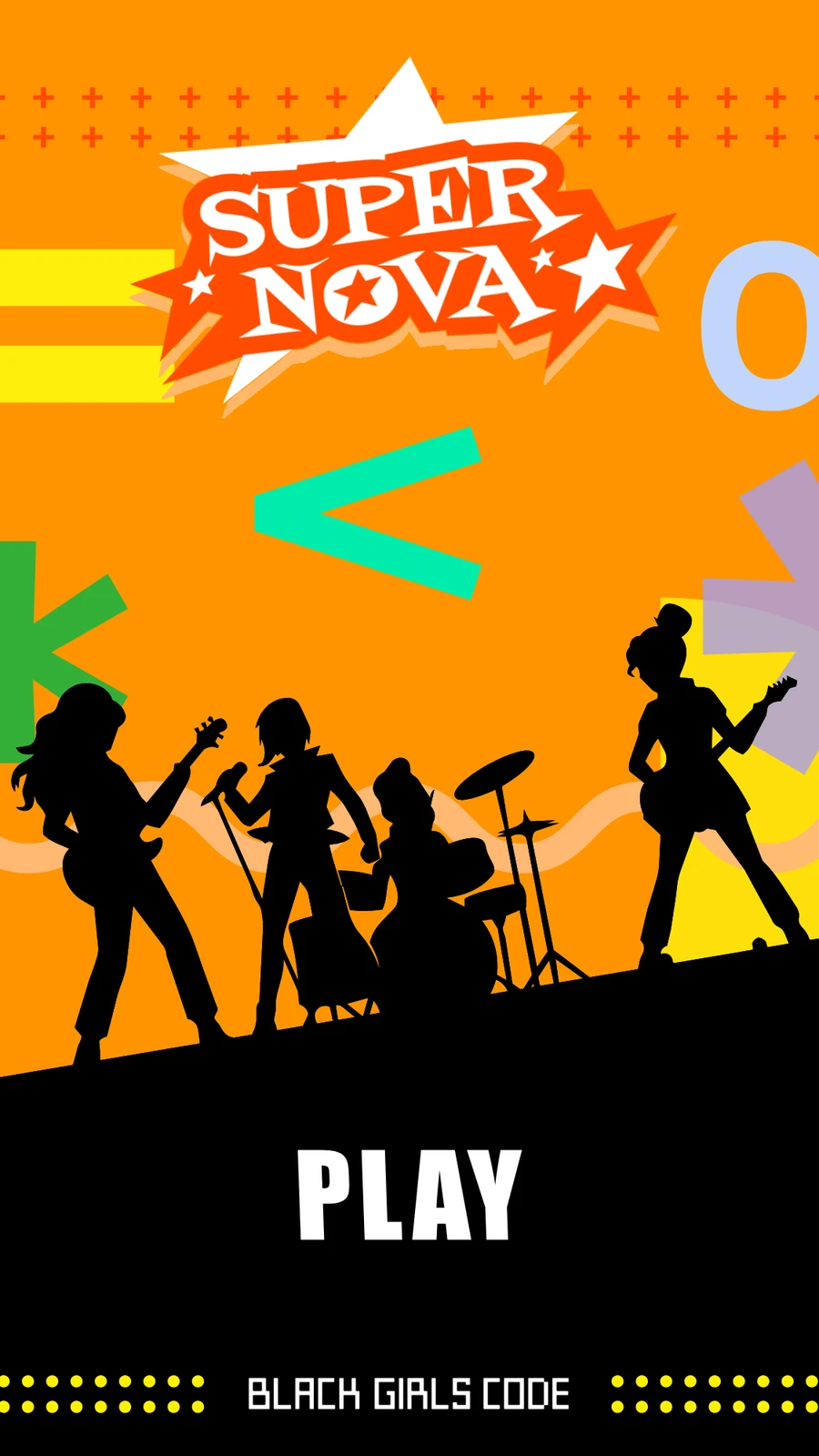 The title screen: the Supernova mark, a band in silhouette, and a PLAY button